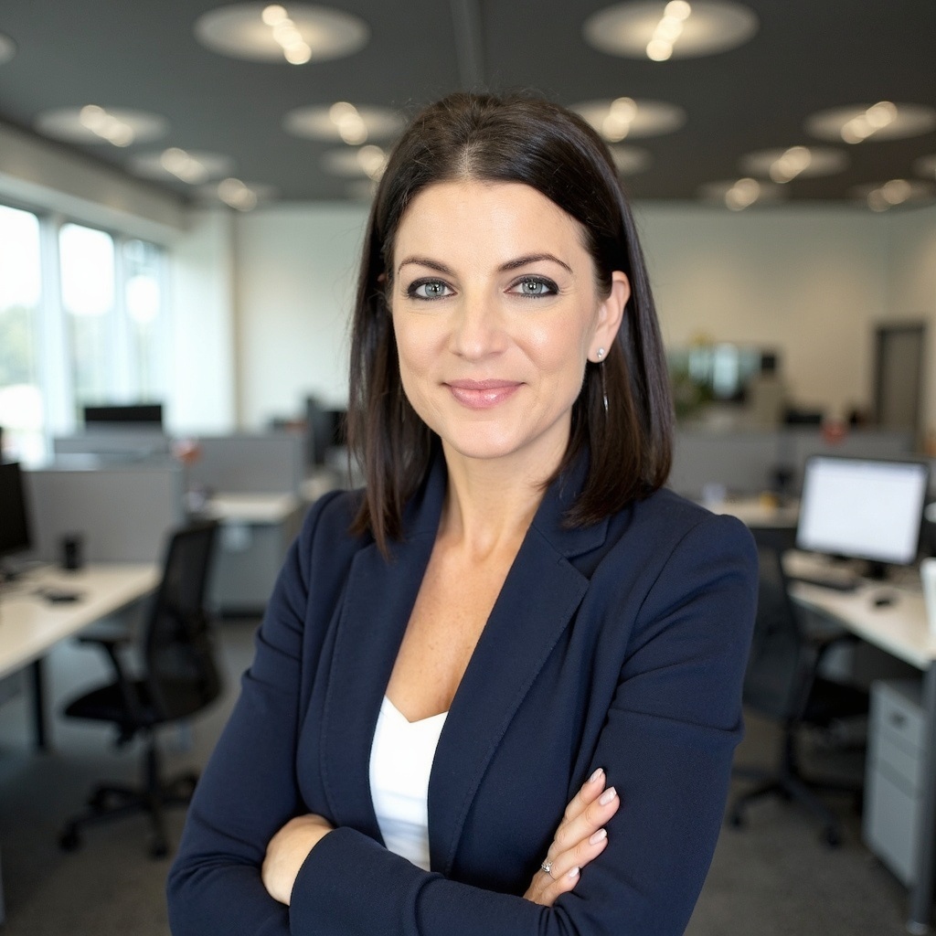 Businesswoman with folded arms smiling in modern open-plan office workspace.
