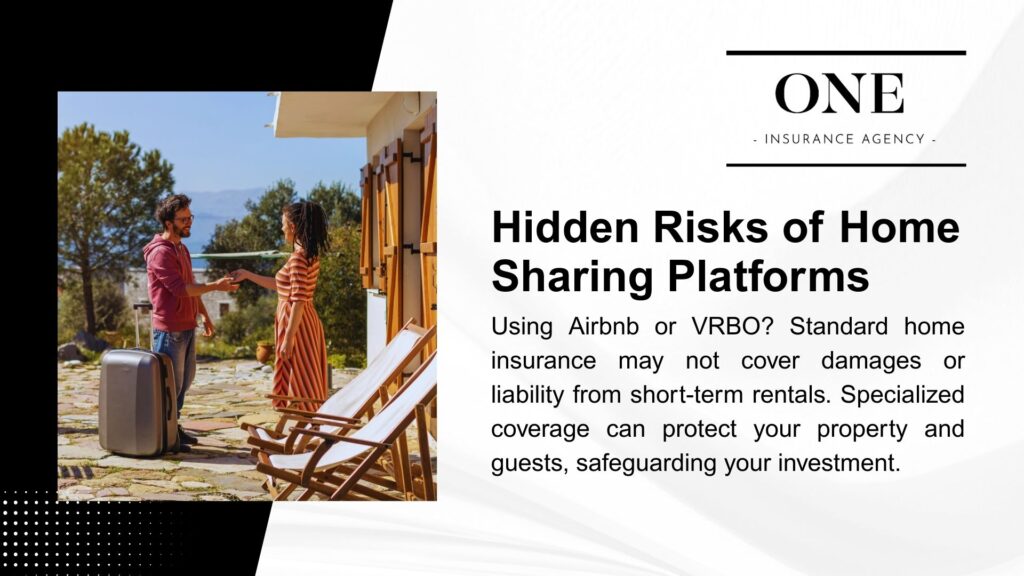 Image of a man and woman greeting outside a house with luggage and chairs, promoting home sharing platform risks with a focus on insurance coverage.