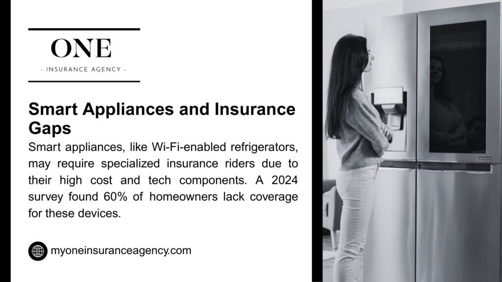 A woman standing by a Wi-Fi-enabled smart refrigerator, with text noting insurance gaps for smart appliances, as a 2024 survey found 60% of homeowners lack coverage.